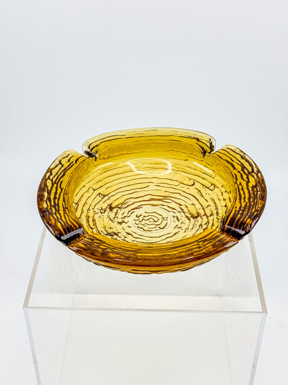 Vintage Anchor Hocking Soreno Amber Glass Ashtray with Concentric Bark Texture and Four Cigarette Rests