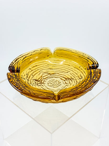 Vintage Anchor Hocking Soreno Amber Glass Ashtray with Concentric Bark Texture and Four Cigarette Rests