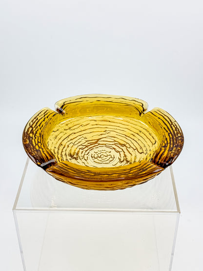 Vintage Anchor Hocking Soreno Amber Glass Ashtray with Concentric Bark Texture and Four Cigarette Rests