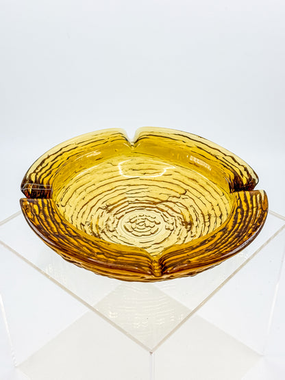 Vintage Anchor Hocking Soreno Amber Glass Ashtray with Concentric Bark Texture and Four Cigarette Rests