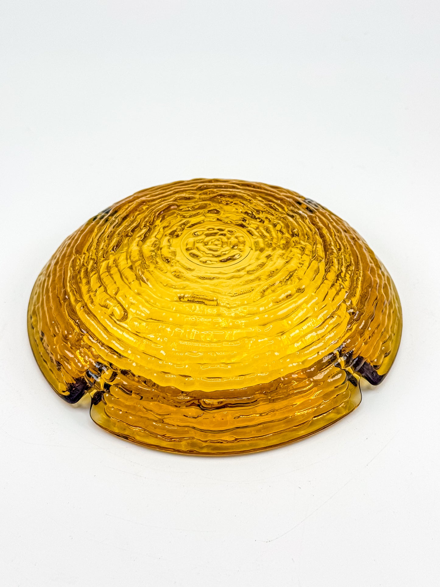 Vintage Anchor Hocking Soreno Amber Glass Ashtray with Concentric Bark Texture and Four Cigarette Rests