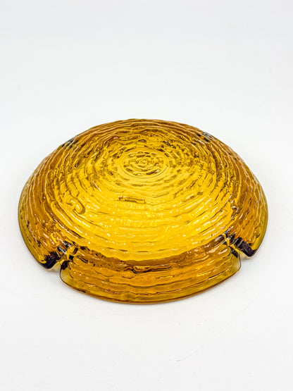 Vintage Anchor Hocking Soreno Amber Glass Ashtray with Concentric Bark Texture and Four Cigarette Rests