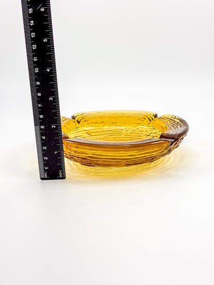 Vintage Anchor Hocking Soreno Amber Glass Ashtray with Concentric Bark Texture and Four Cigarette Rests