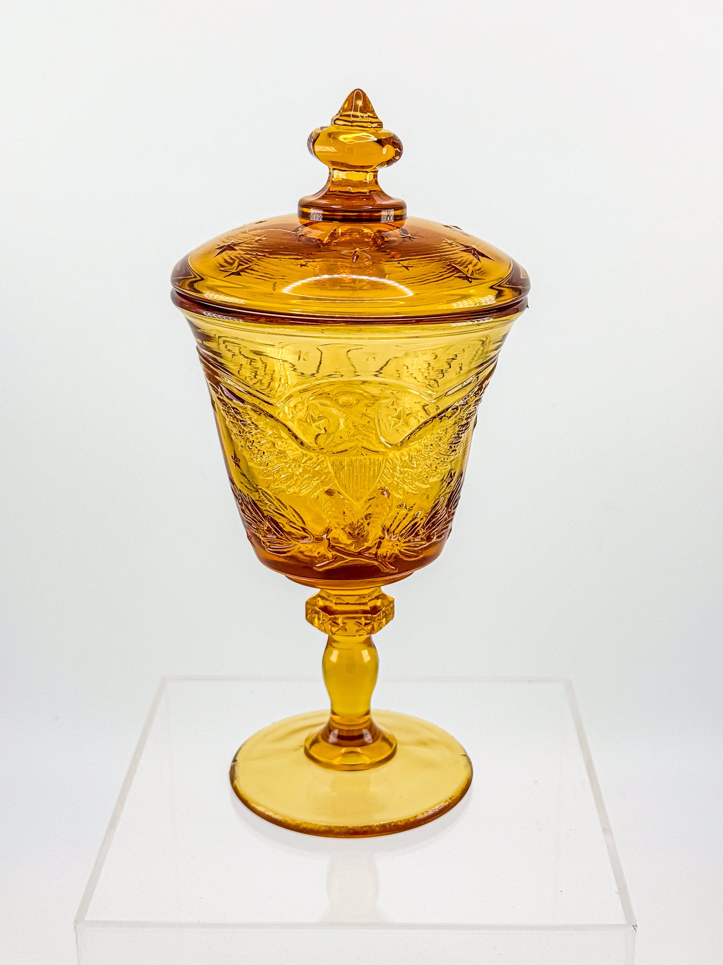 L.E. Smith Amber Glass Eagle and Stars Lidded Candy Dish on Pedestal, Vintage Patriotic Pressed Glass
