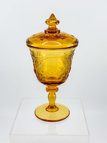 L.E. Smith Amber Glass Eagle and Stars Lidded Candy Dish on Pedestal, Vintage Patriotic Pressed Glass