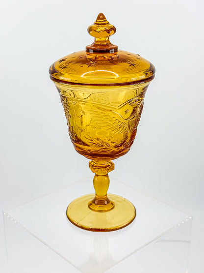 L.E. Smith Amber Glass Eagle and Stars Lidded Candy Dish on Pedestal, Vintage Patriotic Pressed Glass