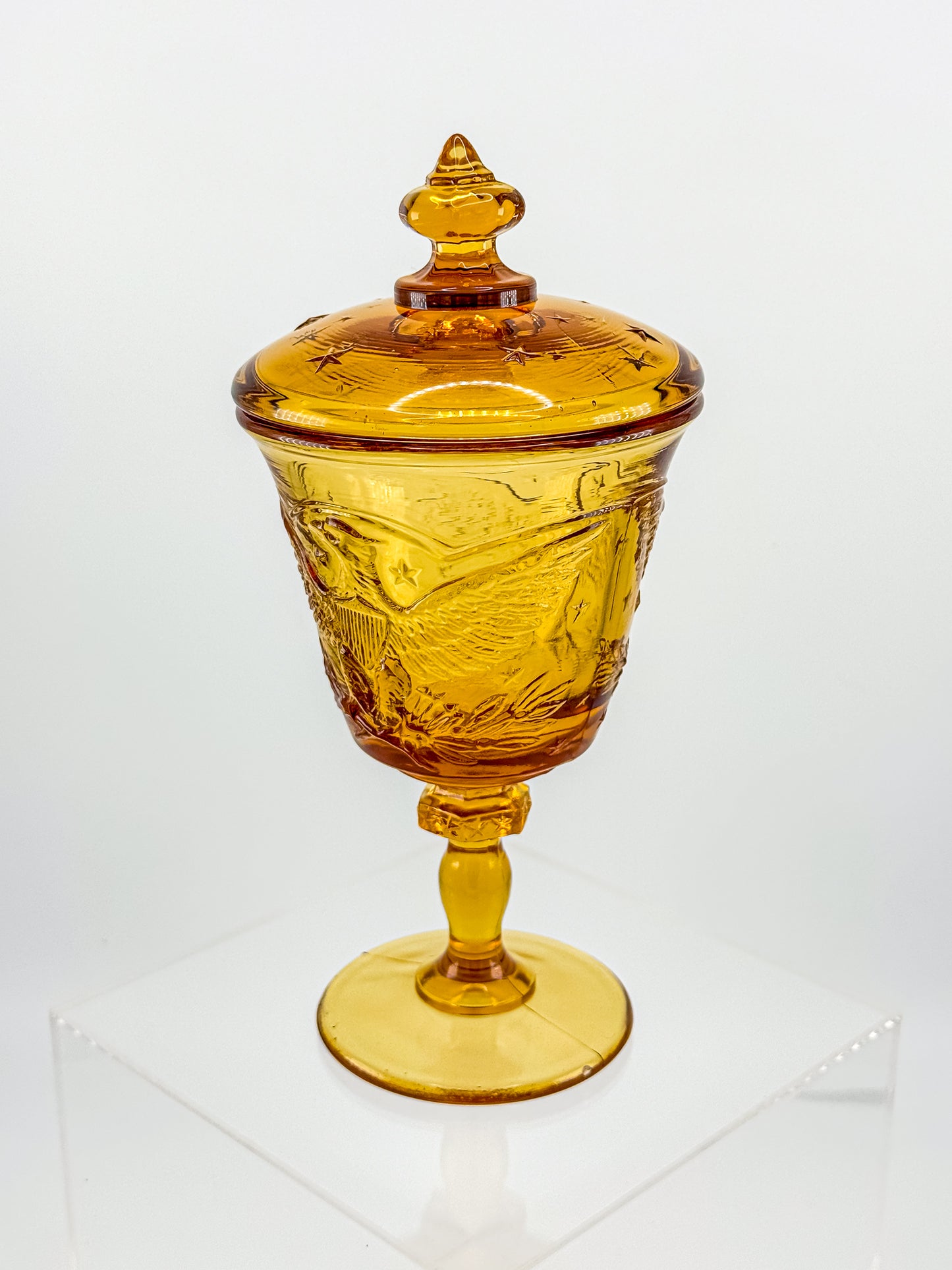L.E. Smith Amber Glass Eagle and Stars Lidded Candy Dish on Pedestal, Vintage Patriotic Pressed Glass