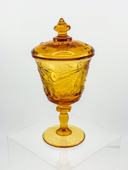 L.E. Smith Amber Glass Eagle and Stars Lidded Candy Dish on Pedestal, Vintage Patriotic Pressed Glass