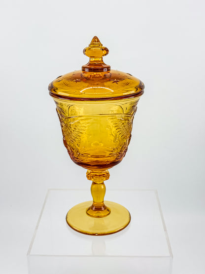 L.E. Smith Amber Glass Eagle and Stars Lidded Candy Dish on Pedestal, Vintage Patriotic Pressed Glass
