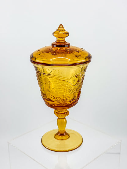 L.E. Smith Amber Glass Eagle and Stars Lidded Candy Dish on Pedestal, Vintage Patriotic Pressed Glass