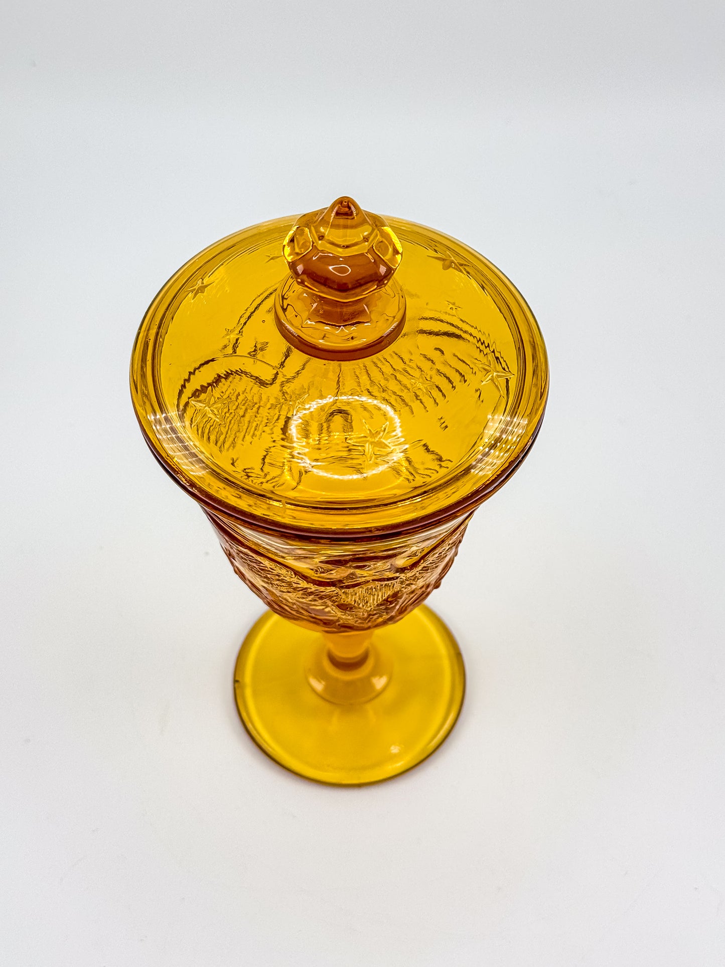 L.E. Smith Amber Glass Eagle and Stars Lidded Candy Dish on Pedestal, Vintage Patriotic Pressed Glass
