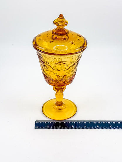L.E. Smith Amber Glass Eagle and Stars Lidded Candy Dish on Pedestal, Vintage Patriotic Pressed Glass