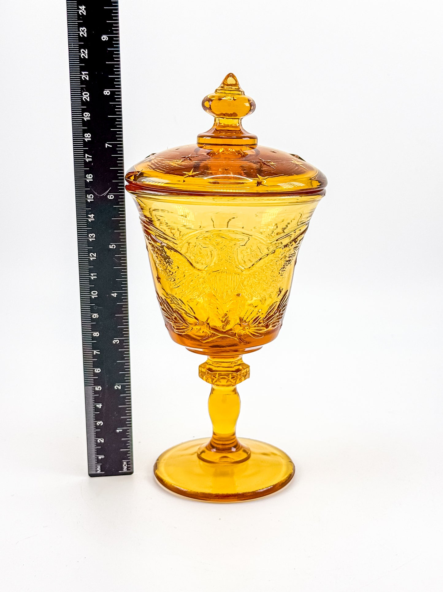 L.E. Smith Amber Glass Eagle and Stars Lidded Candy Dish on Pedestal, Vintage Patriotic Pressed Glass