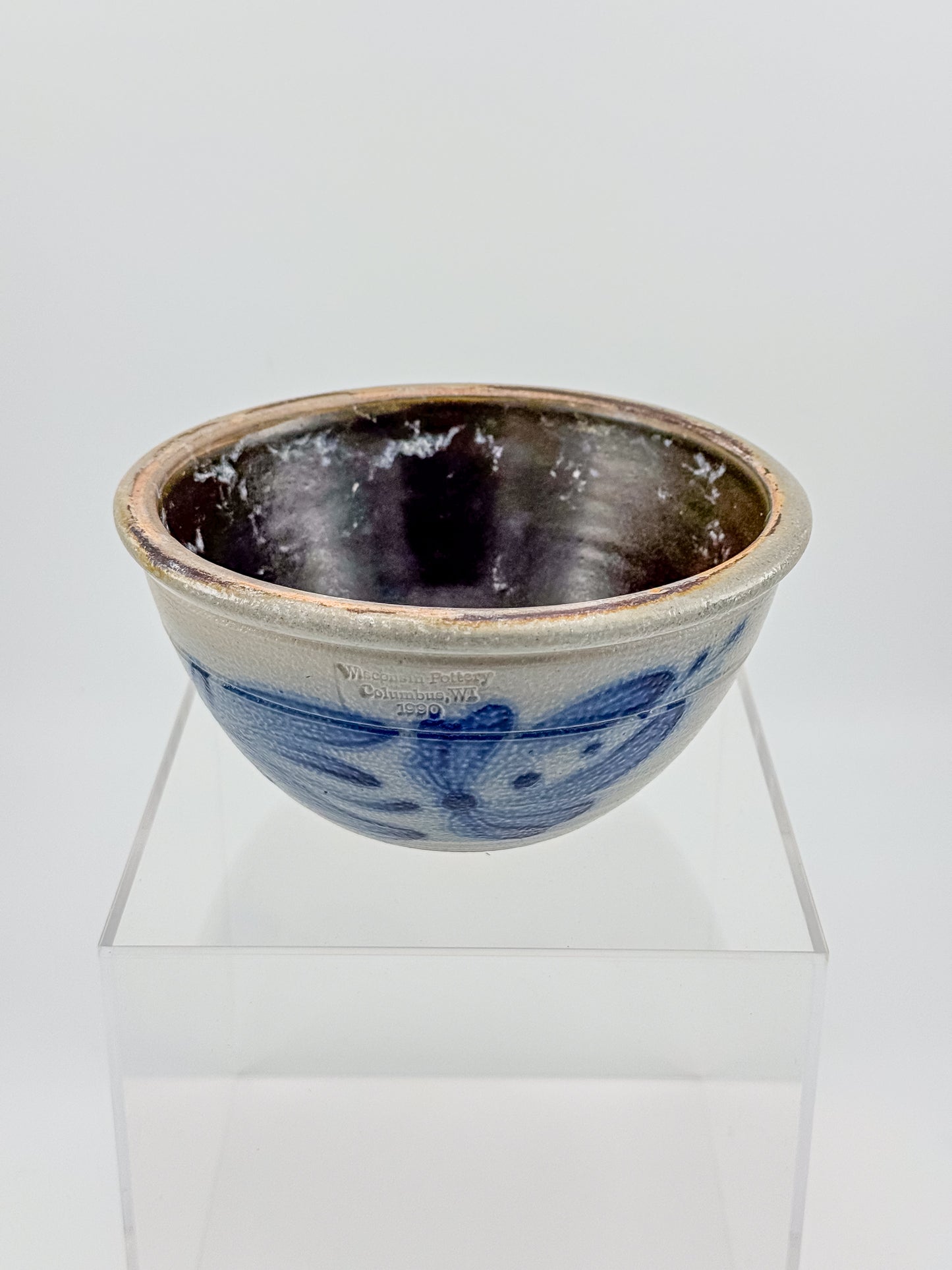 Vintage Wisconsin Pottery Salt Glaze Stoneware Bowl with Cobalt Blue Floral Brushwork, Columbus WI 1990