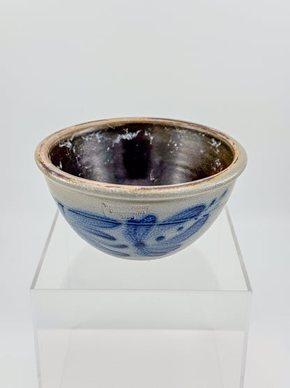 Vintage Wisconsin Pottery Salt Glaze Stoneware Bowl with Cobalt Blue Floral Brushwork, Columbus WI 1990