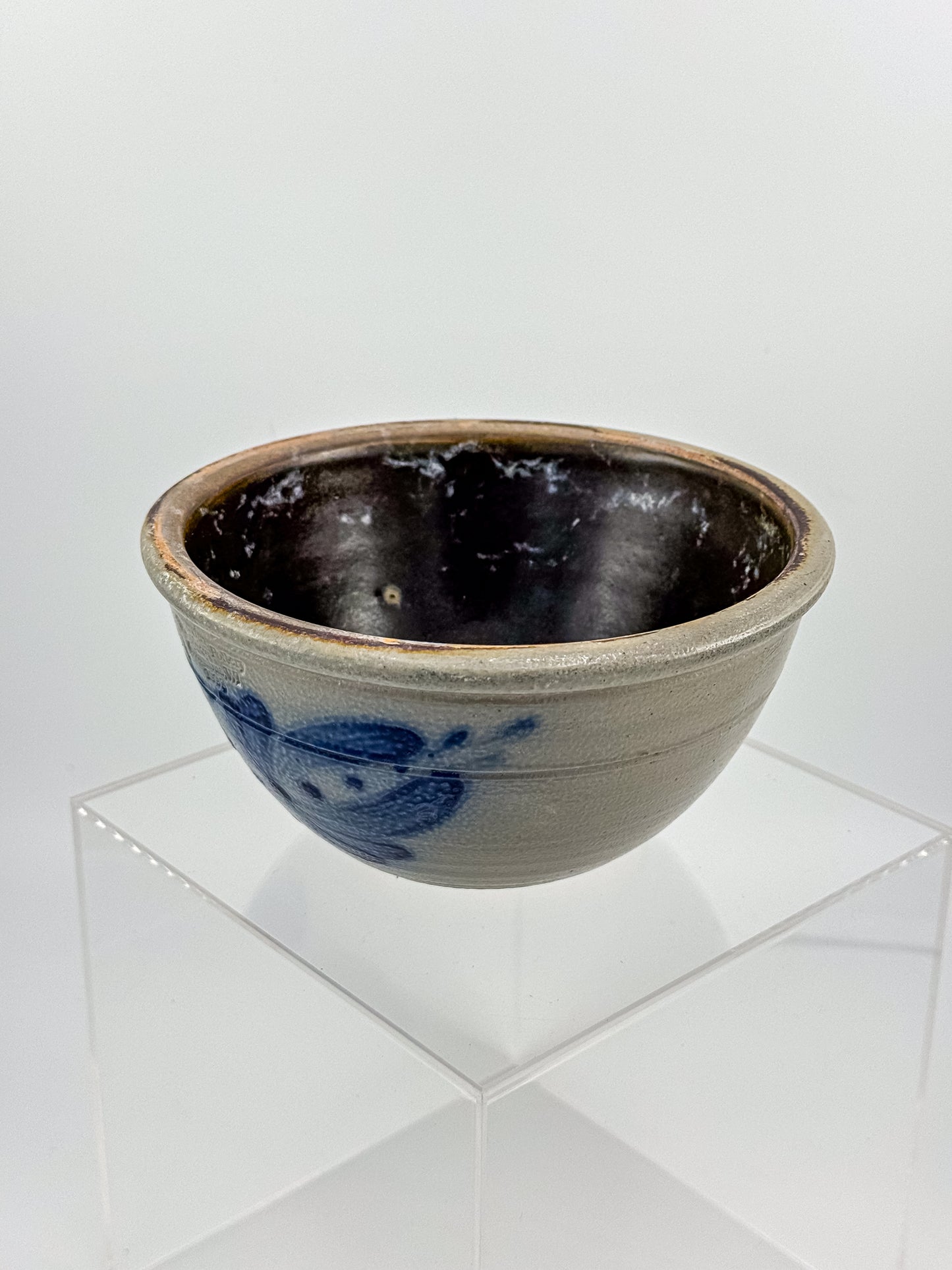 Vintage Wisconsin Pottery Salt Glaze Stoneware Bowl with Cobalt Blue Floral Brushwork, Columbus WI 1990