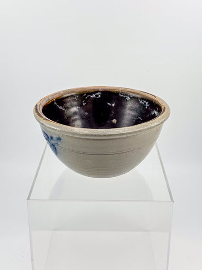 Vintage Wisconsin Pottery Salt Glaze Stoneware Bowl with Cobalt Blue Floral Brushwork, Columbus WI 1990