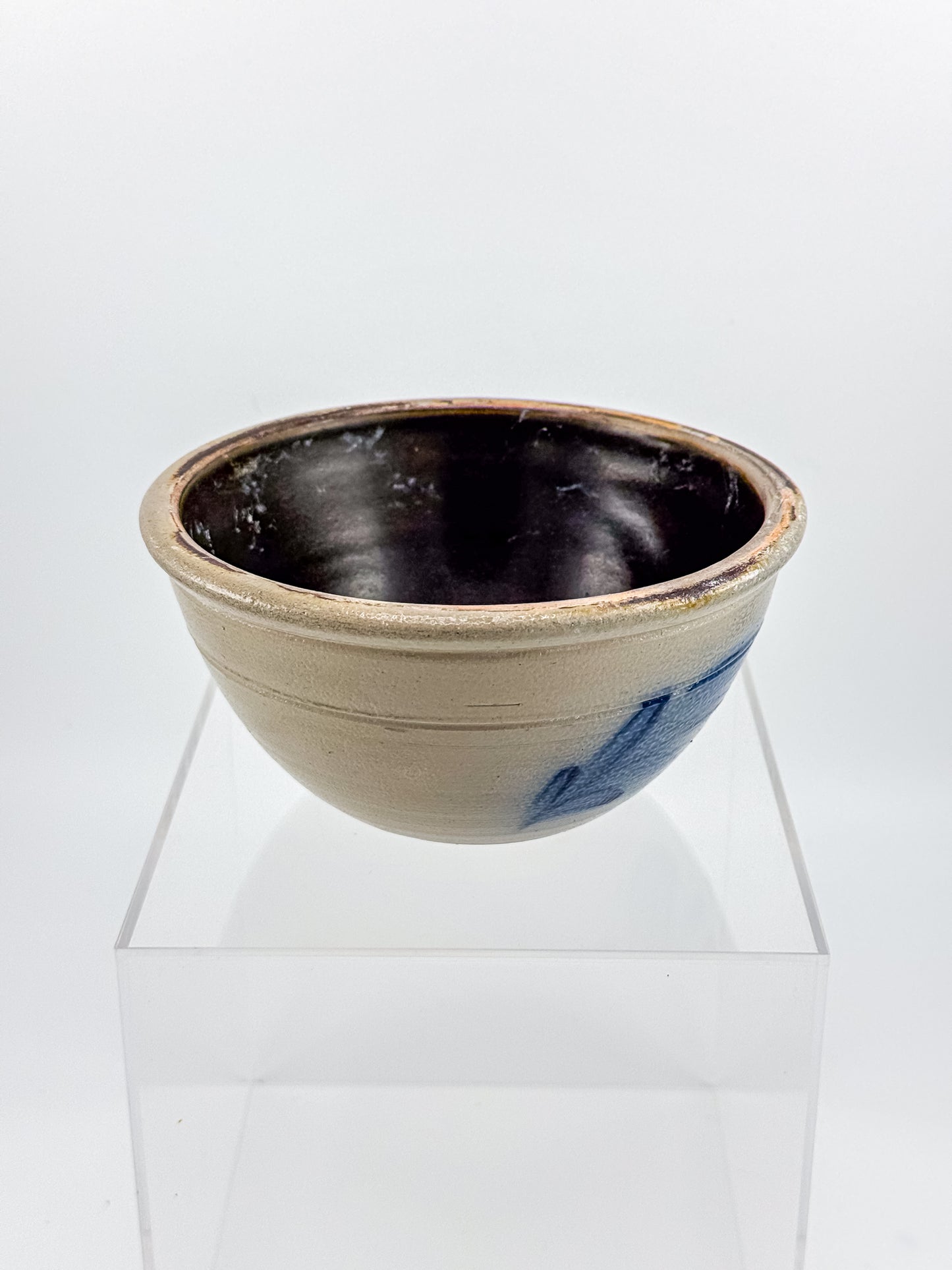 Vintage Wisconsin Pottery Salt Glaze Stoneware Bowl with Cobalt Blue Floral Brushwork, Columbus WI 1990