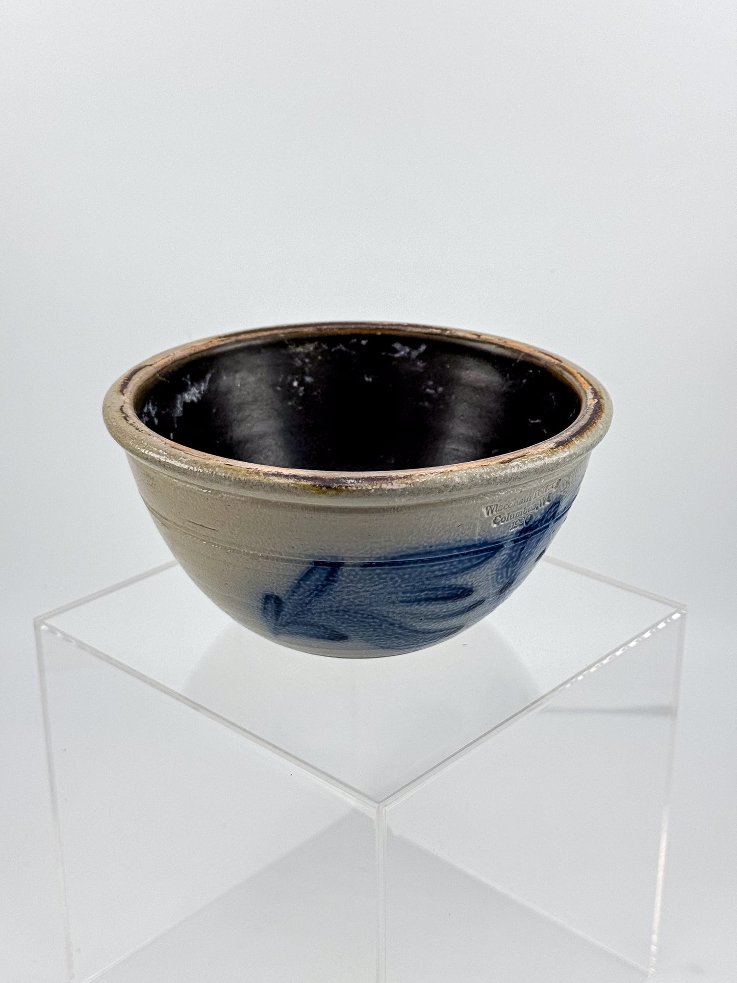Vintage Wisconsin Pottery Salt Glaze Stoneware Bowl with Cobalt Blue Floral Brushwork, Columbus WI 1990