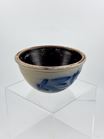 Vintage Wisconsin Pottery Salt Glaze Stoneware Bowl with Cobalt Blue Floral Brushwork, Columbus WI 1990