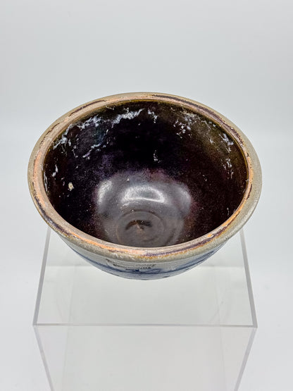 Vintage Wisconsin Pottery Salt Glaze Stoneware Bowl with Cobalt Blue Floral Brushwork, Columbus WI 1990