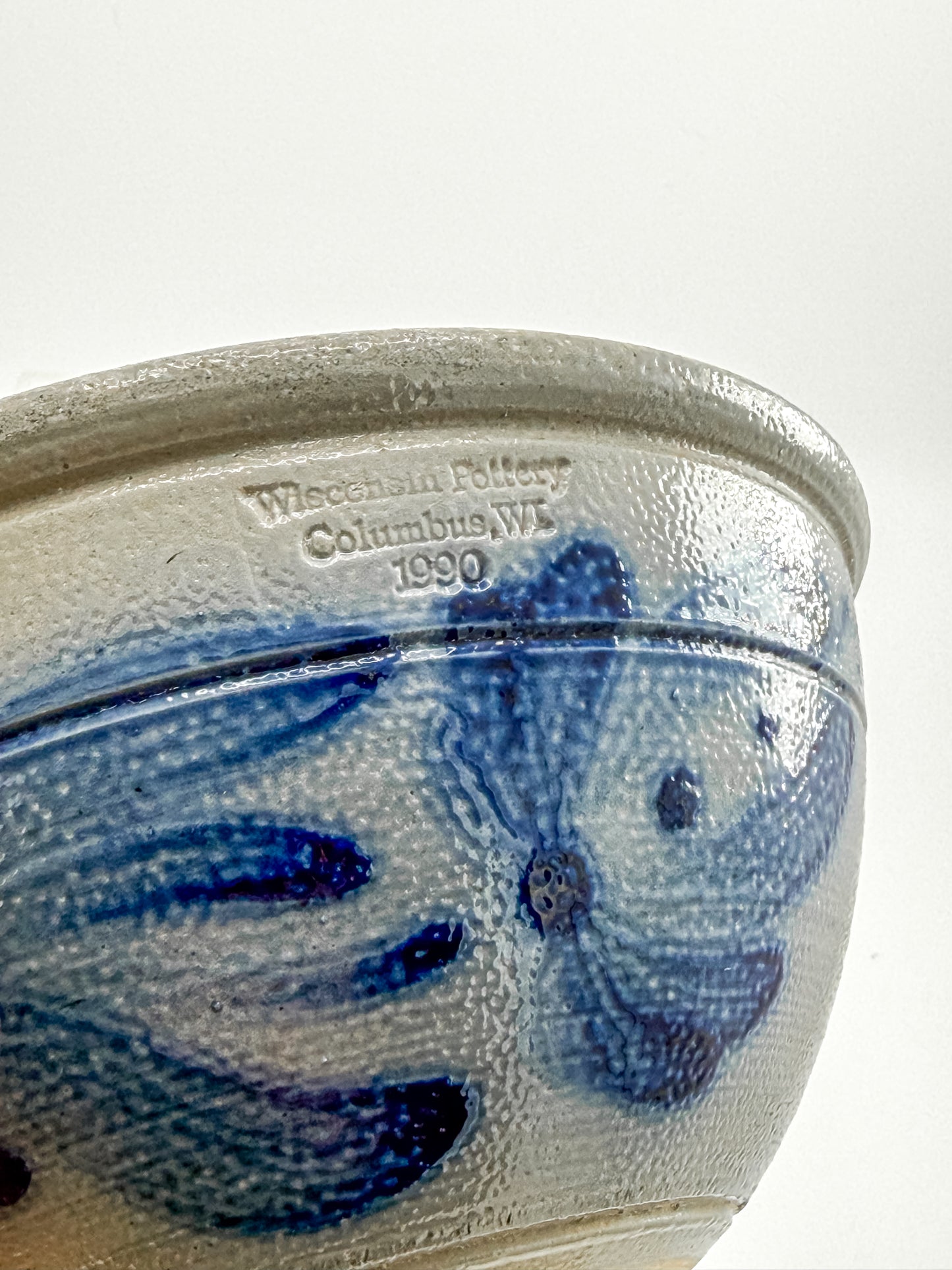 Vintage Wisconsin Pottery Salt Glaze Stoneware Bowl with Cobalt Blue Floral Brushwork, Columbus WI 1990