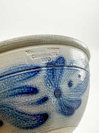 Vintage Wisconsin Pottery Salt Glaze Stoneware Bowl with Cobalt Blue Floral Brushwork, Columbus WI 1990