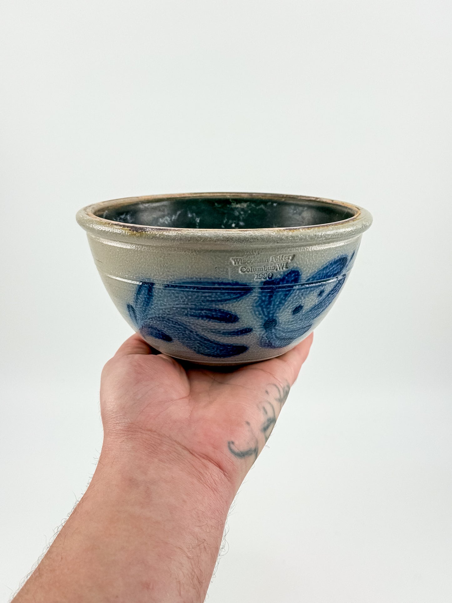 Vintage Wisconsin Pottery Salt Glaze Stoneware Bowl with Cobalt Blue Floral Brushwork, Columbus WI 1990