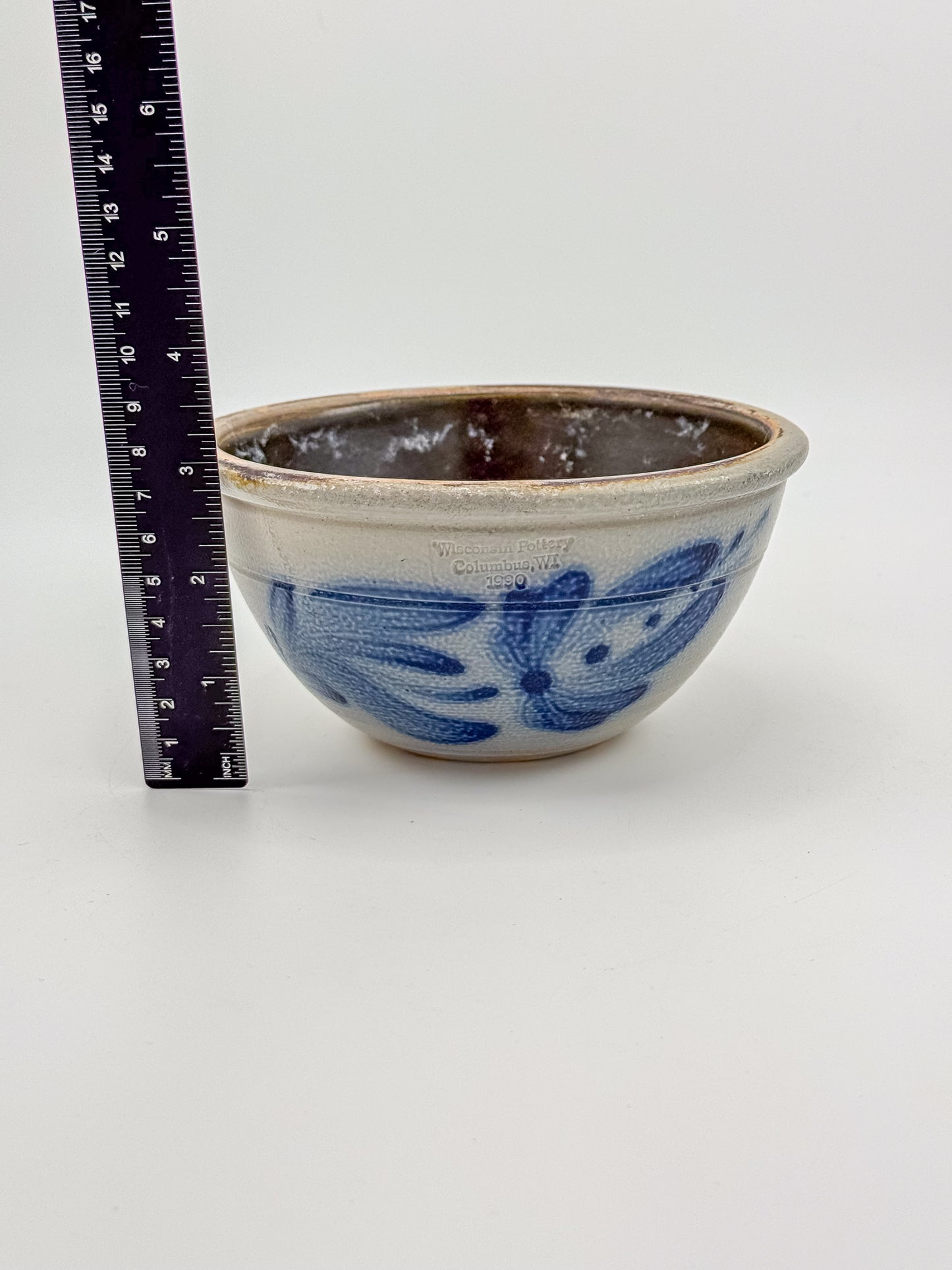 Vintage Wisconsin Pottery Salt Glaze Stoneware Bowl with Cobalt Blue Floral Brushwork, Columbus WI 1990