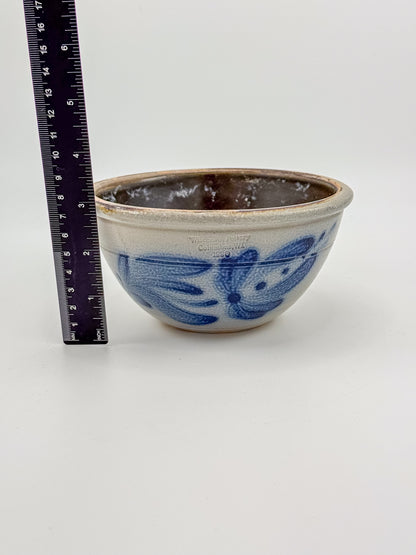 Vintage Wisconsin Pottery Salt Glaze Stoneware Bowl with Cobalt Blue Floral Brushwork, Columbus WI 1990