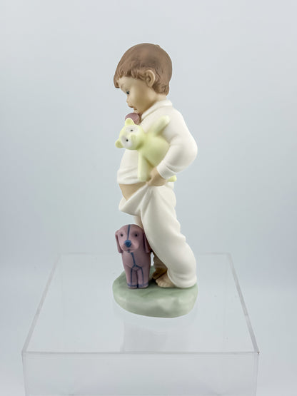 Lladró Nao "Someone Is Calling You" Porcelain Figurine, Boy on Phone with Dog and Bunny, Model #1044