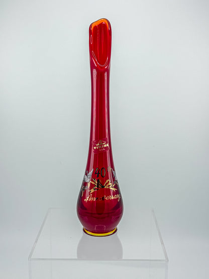Viking Glass Amberina Swung Bud Vase with 40th Anniversary Doves Decoration, Made in USA