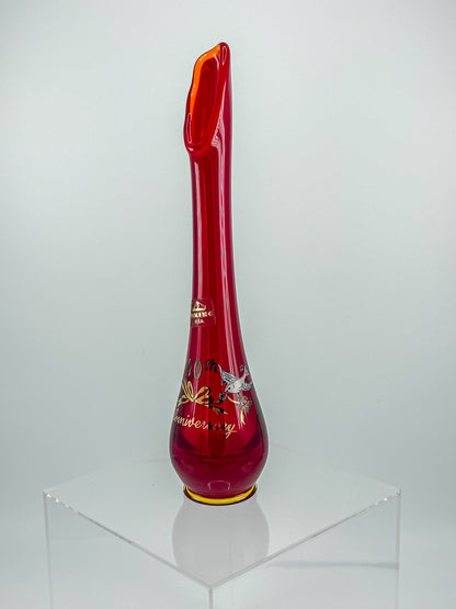 Viking Glass Amberina Swung Bud Vase with 40th Anniversary Doves Decoration, Made in USA