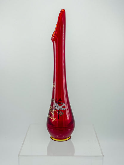 Viking Glass Amberina Swung Bud Vase with 40th Anniversary Doves Decoration, Made in USA