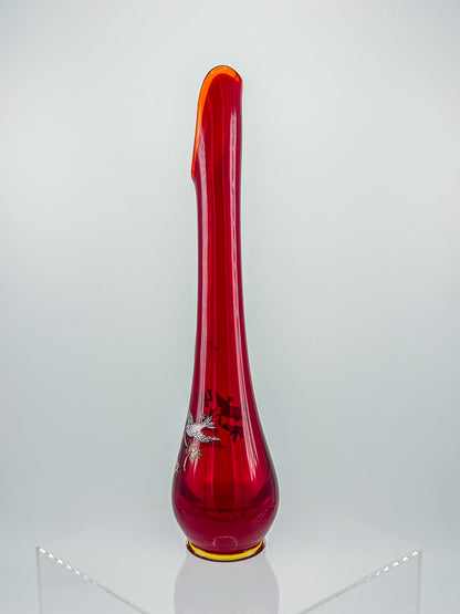 Viking Glass Amberina Swung Bud Vase with 40th Anniversary Doves Decoration, Made in USA