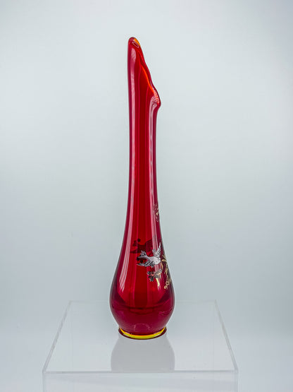 Viking Glass Amberina Swung Bud Vase with 40th Anniversary Doves Decoration, Made in USA