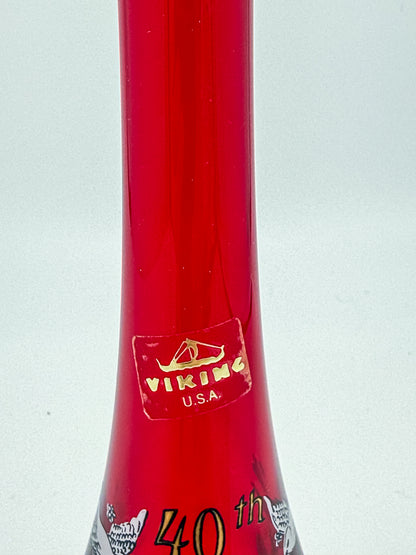 Viking Glass Amberina Swung Bud Vase with 40th Anniversary Doves Decoration, Made in USA