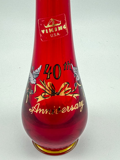 Viking Glass Amberina Swung Bud Vase with 40th Anniversary Doves Decoration, Made in USA