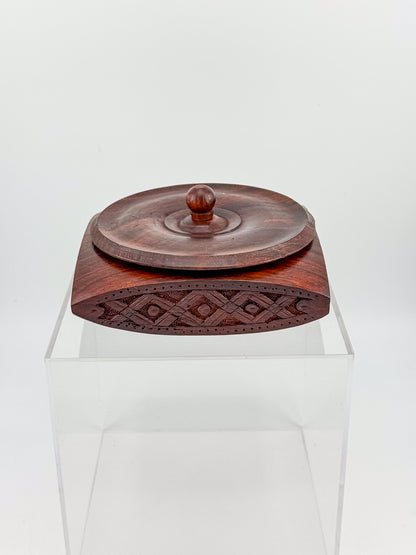 Vintage Hand-Carved Sheesham Wood Lidded Box with Geometric Diamond Border