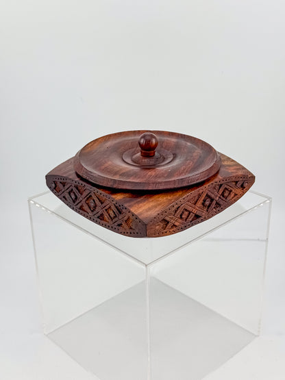 Vintage Hand-Carved Sheesham Wood Lidded Box with Geometric Diamond Border