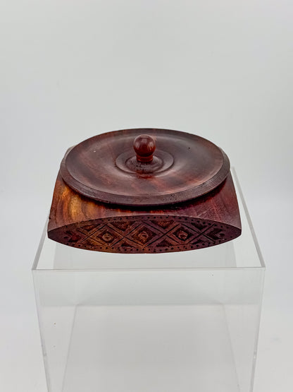 Vintage Hand-Carved Sheesham Wood Lidded Box with Geometric Diamond Border
