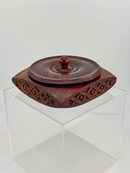 Vintage Hand-Carved Sheesham Wood Lidded Box with Geometric Diamond Border