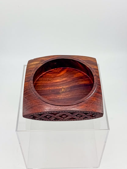 Vintage Hand-Carved Sheesham Wood Lidded Box with Geometric Diamond Border