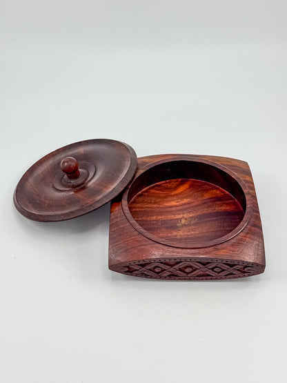 Vintage Hand-Carved Sheesham Wood Lidded Box with Geometric Diamond Border