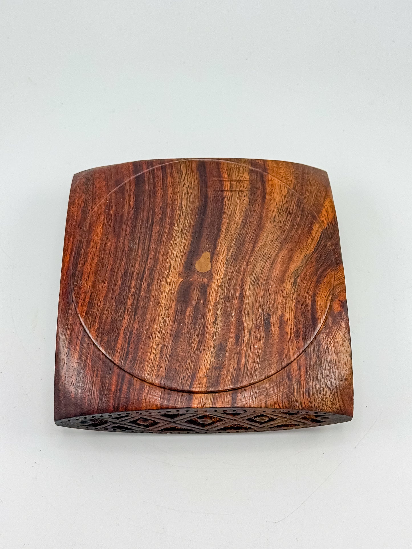 Vintage Hand-Carved Sheesham Wood Lidded Box with Geometric Diamond Border