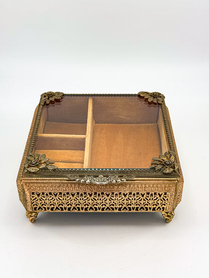 Vintage Gold Filigree Vanity Jewelry Casket with Beveled Glass Lid and Ring Roll, 1950s