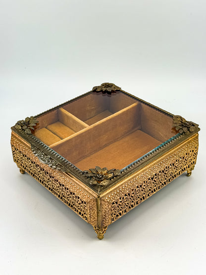 Vintage Gold Filigree Vanity Jewelry Casket with Beveled Glass Lid and Ring Roll, 1950s