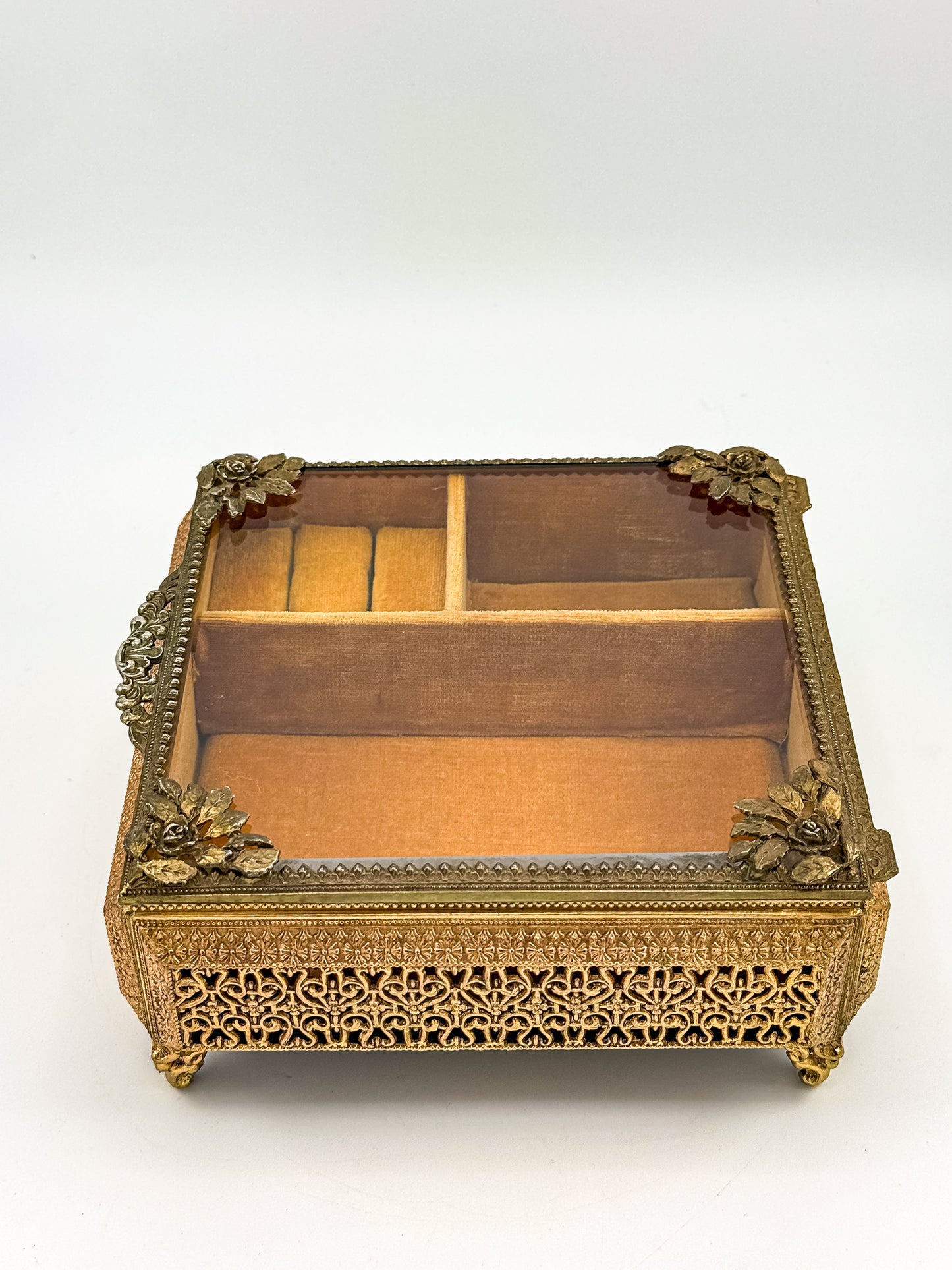 Vintage Gold Filigree Vanity Jewelry Casket with Beveled Glass Lid and Ring Roll, 1950s