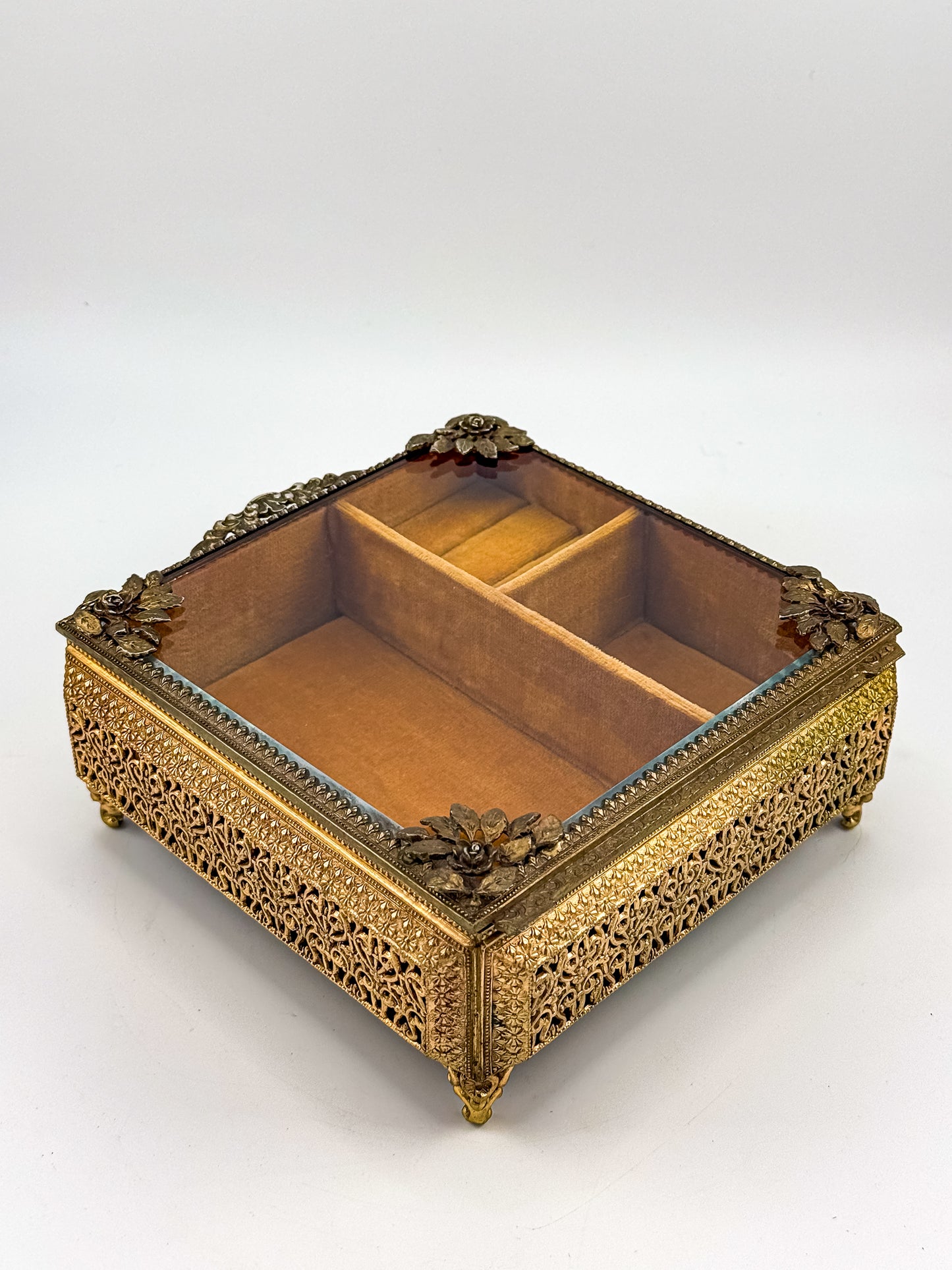 Vintage Gold Filigree Vanity Jewelry Casket with Beveled Glass Lid and Ring Roll, 1950s