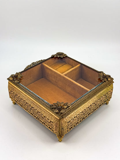 Vintage Gold Filigree Vanity Jewelry Casket with Beveled Glass Lid and Ring Roll, 1950s